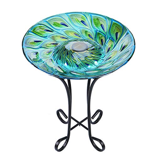 MUMTOP Outdoor Glass Bird Bath Solar Birdbaths with Metal Stand for Lawn Yard Garden Peacock Decor,18” Dia 21.65” Height