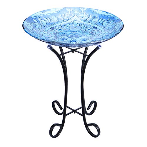 MUMTOP Outdoor Glass Birdbath with Metal Stand for Lawn Yard Garden Decor,18” Dia/21.65 Height