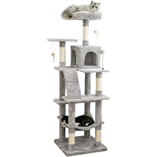 MWPO 63.8 inches Multi-Level Cat Tree for Large Cats with Sisal-Covered Scratching Posts, Padded Platform, Hammock and Condo,Stable Cat Tower Cat Condo Pet Play House-Light Gray