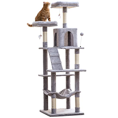 MWPO 70.1-Inch Large Cat Tree, Multi-Level Tall Cat Tower for Indoor Cats, Plush Cat Condo with Big Padded Perches, Sisal-Covered Scratching Posts, Hammock, Toys for Kittens & Cats - Light Grey