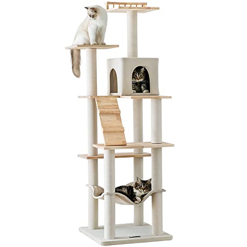 MWPO Cat Tree - 63.8-Inch Modern Wood Cat Tower for Indoor Cats,Multi-Level Cat Condo for Large Cat with Scratching Posts, Hammock- Beige