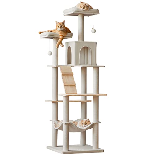 MWPO Large Modern Cat Tree, 70.1-Inch Wood Cat Tower for Indoor Cats, Multi-Level Tall Cat Condo with 2 Padded Perches, Hammock, Scratching Posts, Dangling Toys, Beige