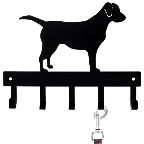 MyGift 7 x 9 Inch Wall-Mounted Key Rack Organizer and Hanging Dog Leash Holder for Wall with 5-Hooks and Black Metal Labrador Silhouette