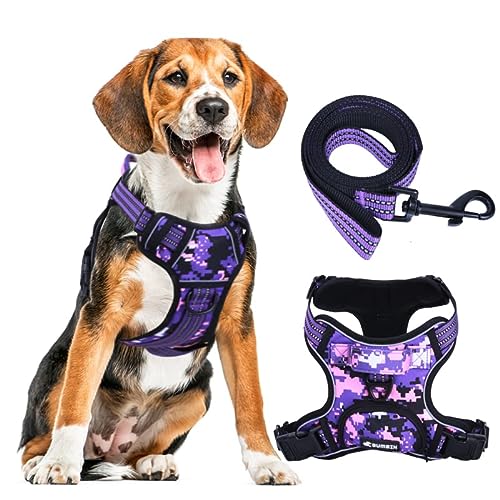 No Pull Dog Harness for Large Dogs, Adjustable No Choke Pet Vest with Dog Leash Fit Smart Reflective Pet Walking Harness for Training Easy Control Soft Handle Purple Camo L