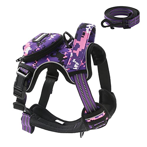 No Pull Dog Harness for Medium Dogs, Adjustable No Choke Pet Vest with Dog Leash Fit Smart Reflective Pet Walking Harness for Training Easy Control Soft Handle Purple Camo M