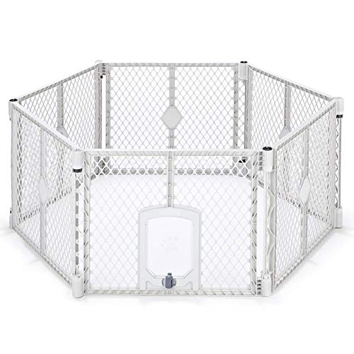 North States MyPet 18.5 Sq. Ft. Petyard Passage: Made in USA, 6-panel pet enclosure with lockable pet door. Freestanding. (26" Tall, Light Gray)