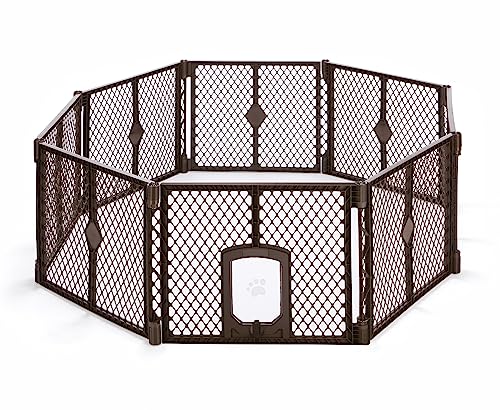 North States MyPet Petyard Passage: 6.5 Ft. Wide Customizable Folding Dog Playpen Indoor/Outdoor. Made in USA. 8-panel Puppy Playpen, Lockable Pet Door. Freestanding Play Pen Dog Gate 26" Tall, Brown