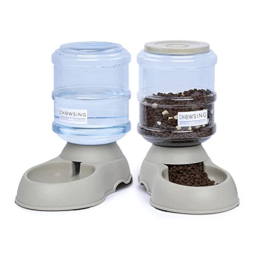 Nourse CHOWSING Automatic Cat Feeders and Waterer Dispenser 1 Gallon Capacity in Sets Gravity Replenishes Food and Water Suitable for Pets Such as Cats and Dogs