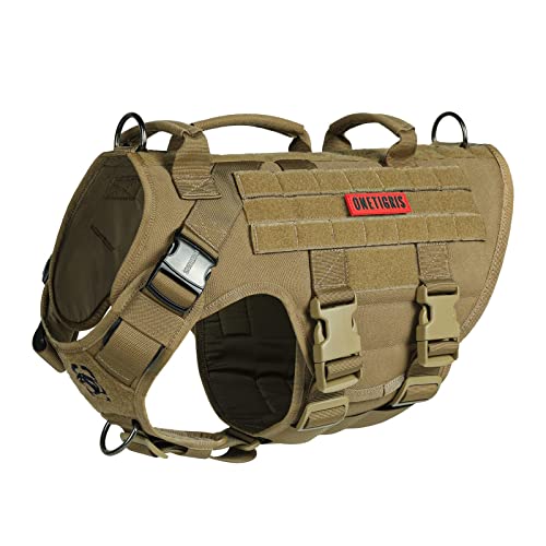 OneTigris Large Tactical Dog Harness, No Pulling Adjustable Dog Vest Harness, Heavy Duty Dog Harness with Handle, Large Hook and Loop Panels for Patch Brown