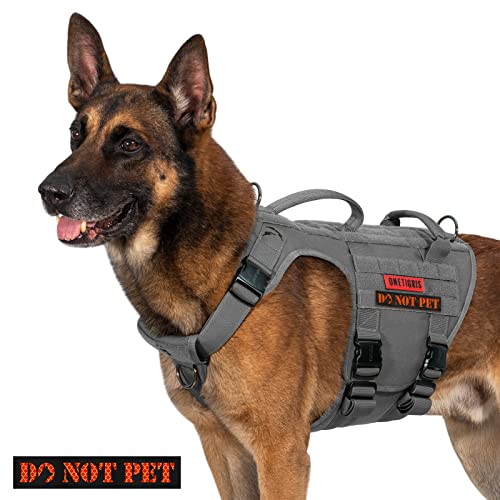 OneTigris Tactical Dog Harness with 5X Metal Buckle,Dog MOLLE Vest with Handle,No Pulling Front Clip,Hook and Loop Panel for Dog Custom Patch (XL, Grey)