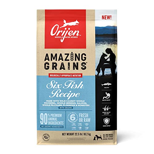 ORIJEN AMAZING GRAINS Six Fish Recipe Dry Dog Food, High Protein Dog Food, Fresh or Raw Ingredients, 22.5lb