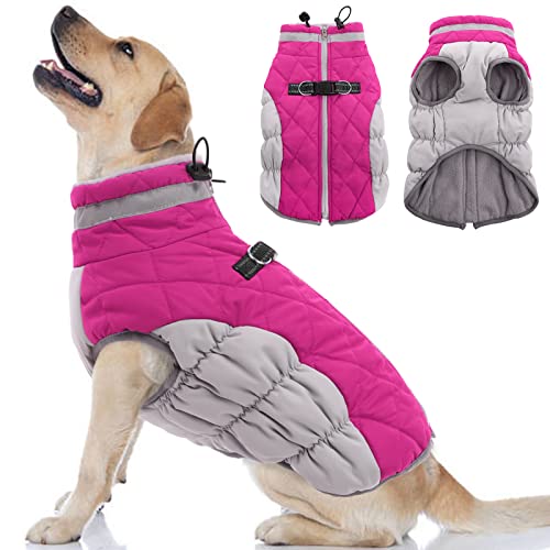 OUOBOB Dog Coat, Fleece Dog Vest with Harness Built in, Dog Cold Weather Coats, Dog Snowsuit Waterproof, Dog Coats for Small Dogs, Dog Winter Jacket Windproof, Dog Puffer Jacket Rose Red S