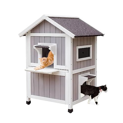 Outdoor Cat Shelter House, 2-Story Weatherproof Wooden Cat Condos, Large Cat House with Openable Roof, Escape Door and Balcony for Feral Cats