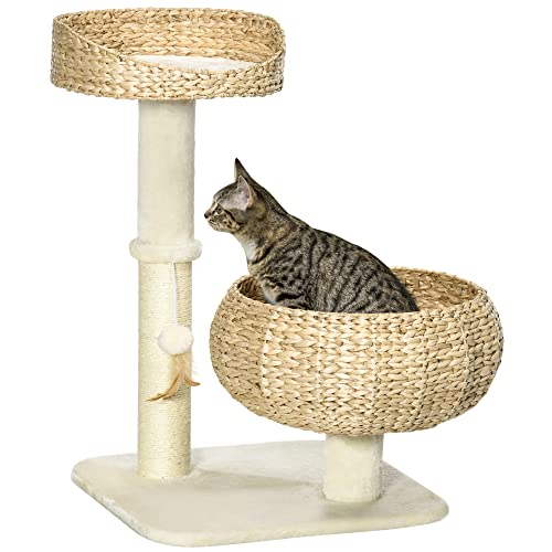 PawHut 28" Elevated Cat Bed with Sisal Scratching Post for Indoor Kitties, Modern Cat Tree with Cute Basket Design, Small Cat Tree with Fun Ball Toy