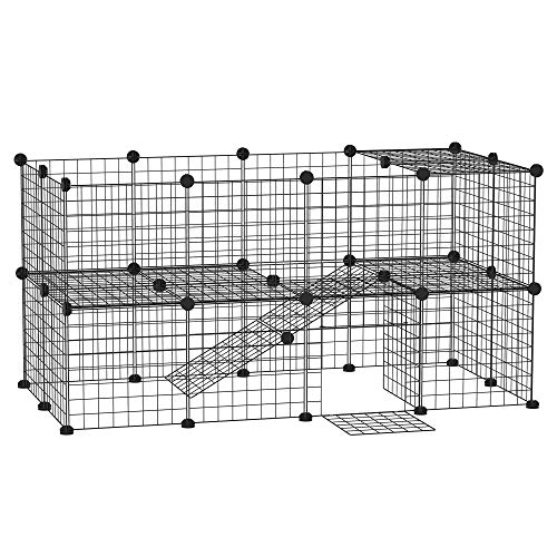 PawHut 36 Panels Small Animal Playpen with Door, DIY C & C Cage for Guinea Pigs with Ramp, Portable Metal Wire Yard for Rabbit, Hedgehogs, 14 x 14 in