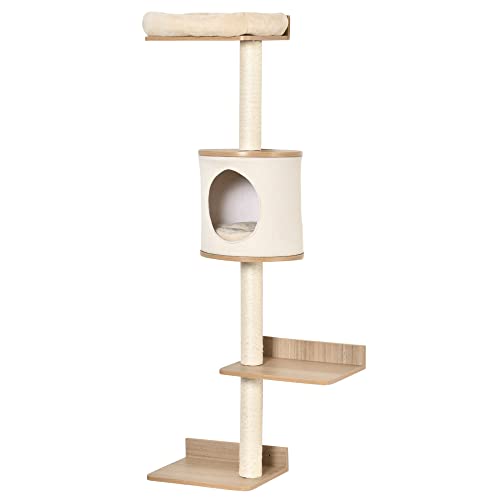 PawHut 4-Level Wall-Mounted Cat Tree Activity Tower, Wall Cat Shelves with Sisal Rope Scratching Posts, Cat Condo and Bed, Light Brown