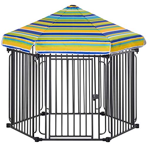 PawHut 48" x 41" Heavy-Duty Metal Dog Playpen, Outdoor Pet Cage Kennel, Puppy Exercise Fence Barrier with Weather-Resistant Polyester Roof, Locking Door, & Metal Frame