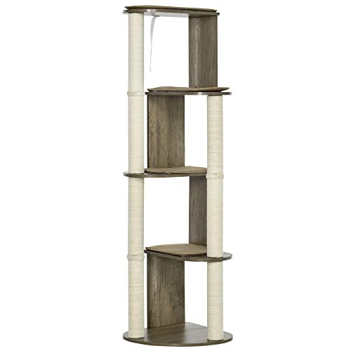 PawHut 65" Corner Modern Cat Tree Tall for Climbing, Large Multilevel Cat Tower with Scratching Posts, Small-Fit Kitten Tower with Sisal, Cream White