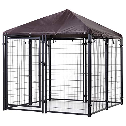 PawHut Dog Kennel Outdoor Dog Playpen with Water-Resistant Cover, Steel Exercise Pen for Dogs with Chain Link Fence, Lockable Door, 4.6' x 4.6' x 5'