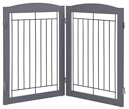 PAWLAND Extra Wide Dog gate for The House, Doorway, Stairs, Solid Wooden Dog Fences Indoor Outdoor, Freestanding Foldable Pet Gates for Dogs, 2 Waterproof Extension Panels, 48" Wide 30" Tall (Gray)