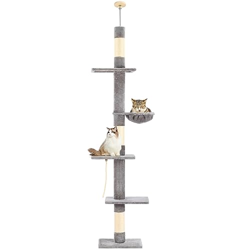 PAWSCRAT Cat Tree 5-Tier Floor to Ceiling Cat Tower with Cozy Hammock, 89-109 Inch Adjustable Height, Provide Cats Vertical Enrichment to Jump and Climb, Keep Muscles Toned and Joints Flexible