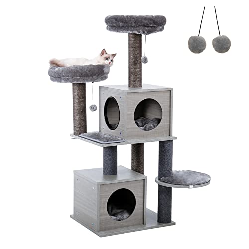 PAWZ Road 51 Inches Cat Tree Wooden Cat Tower Featuring 2 Super Large Condo, Fully Scratching Posts, and Removable Soft Perches for Indoor Cats and Kittens