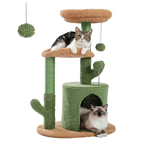 PAWZ Road Cat Tree 32 Inches Cactus Cat Tower with Sisal Covered Scratching Post, Cozy Condo, Plush Perches and Fluffy Balls for Indoor Cats