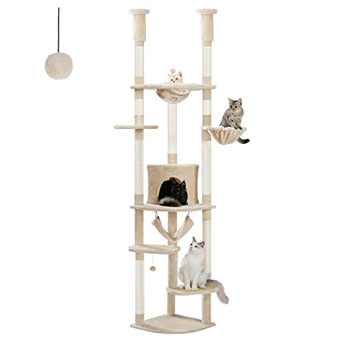 PEQULTI Floor to Ceiling Cat Tree 92.9’’-101.6’’ Height Adjustable Cat Tower Tall Kitty Climbing Play House with Scratching Posts, Cozy Condo, Perches and Large Hammock for Indoor Cats Beige