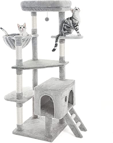 Pesofer 50.8 Inches Cat Tree Cat Condo with A Deep Basket Supported by Two Poles, A Large Top Perch for Cats Light Gray