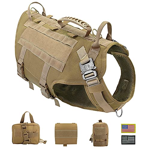 PET ARTIST Tactical Dog Harness for Hiking Training, No Pull Vest Harness for Medium Large Dogs, with Pouches and Patches Coyote Brown