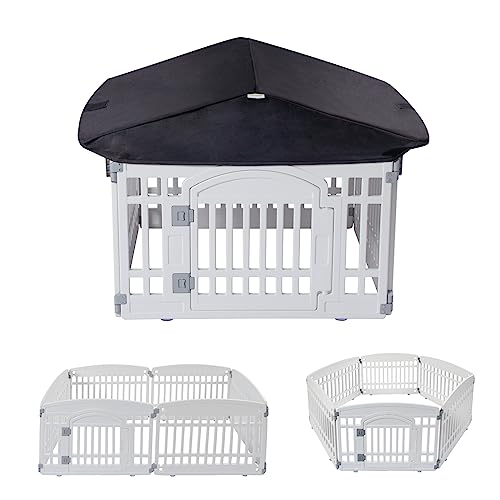 Pet Playpen Foldable Gate for Dogs Plastic Puppy Exercise Pen with Door Portable Indoor Outdoor Pets Fence Puppies Folding Cage 4 Panels House Supplies (6*Playpen White Roof with Cover)