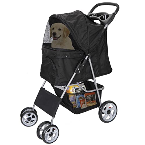 Pet Stroller 4 Wheels Dog Cat Stroller for Small Medium Dogs Cats Foldable Puppy Stroller with Storage Basket and Cup Holder