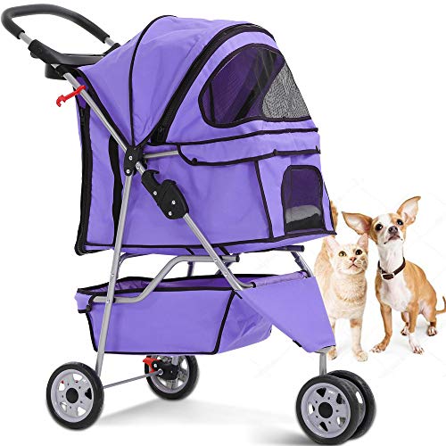 Pet Stroller Jogger Cat Dog Cage 3 Wheels Stroller Travel Folding Carrier Strolling Cart with Cup Holders and Removable Liner 35Lbs Capacity Large Doggie Stroller for Small-Medium Dogs, Cats - Purple