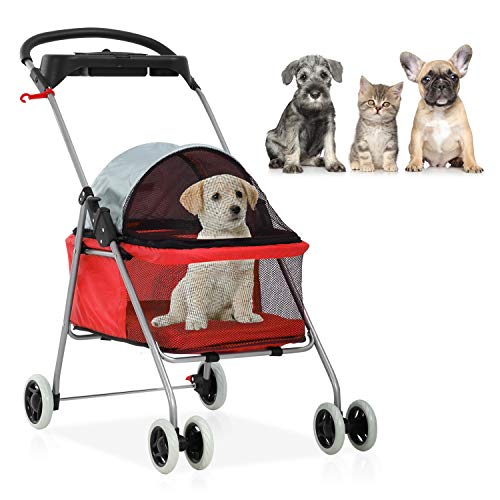 Pet Stroller - MeetPerfect Luxury Pet Roadster for Dogs and Cats Waterproof Dog Cart Dog Stroller Cat Stroller Pet Jogger - Easy to Walk Folding Carrier Carriage with Storage Basket, Red