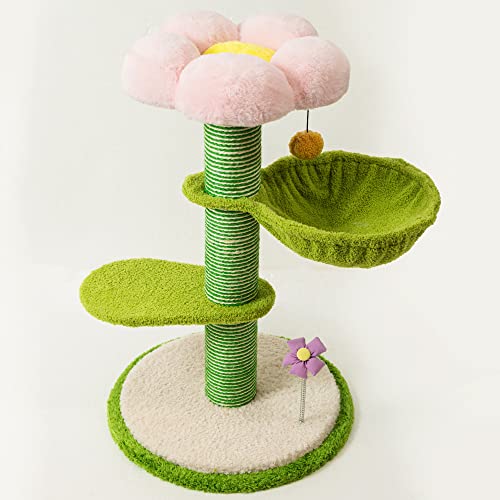 PET WONDERLAND Cute Cat Tree 29 Inches Pink Flower Cat Tower with Scratching Post for Small Cats,Green Cat Hammock Bed,Plush Perch,Cozy Platforms,Unique cat Scratcher,Cat Furniture for Indoor Cats