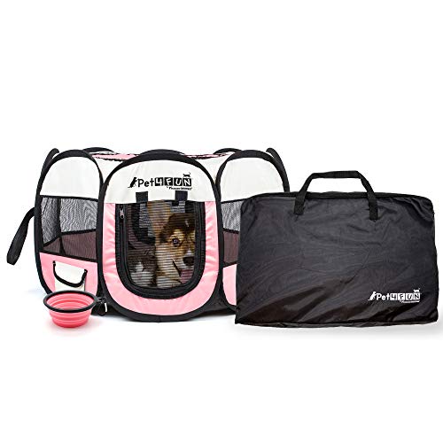 PET4FUN PN935 29" Portable Pet Puppy Dog Cat Animal Playpen Yard Crates Kennel w/Premium 600D Oxford Cloth, Tool-Free Setup, Carry Bag, Removable Security Mesh Cover/Shade, 2 Storage Pockets(Pink)