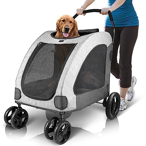 Petbobi Dog Stroller for Large Pet Jogger Stroller for 2 Dogs Breathable Animal Stroller with 4 Wheel and Storage Space Pet Can Easily Walk in/Out Travel up to 120 lbs Grey