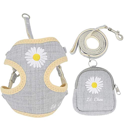 PETCARE Cute Small Dog Harness and Leash Set with Bags No Pull Daisy Dog Vest Harness Soft Breathable Mesh Puppy Dog Harness for Small Dogs Cats Spring Summer Yorkies Shih Tzu (Grey,Medium)