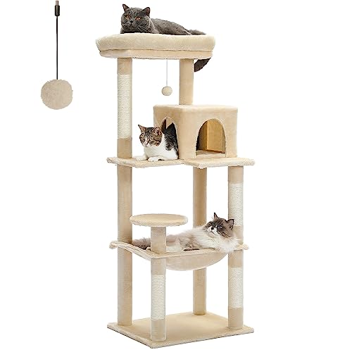 PETEPELA 56.3'' Tall Cat Tree for Indoor Cats, Multi-Level Cat Tower with Super Large Hammock (20''X16''), Sisal Covered Scratching Posts, Cozy Condo and Top Perch Beige