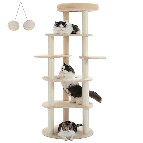 PETEPELA 61" Cat Tree for Indoor Cats, Cat Climbing Tower with 9 Sisal Scratching Posts [6-Levels] Circular Play Floor and Replacable Dangling Ball Top Perch Wood Beige