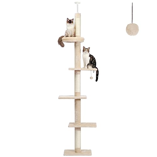 PETEPELA Cat Tower 5-Tier Floor to Ceiling Cat Tree Height(95-107 Inches) Adjustable, Tall Cat Climbing Tree Featuring with Scratching Post, Cozy Bed,Interactive Ball Toy for Indoor Cats/Kitten Beige