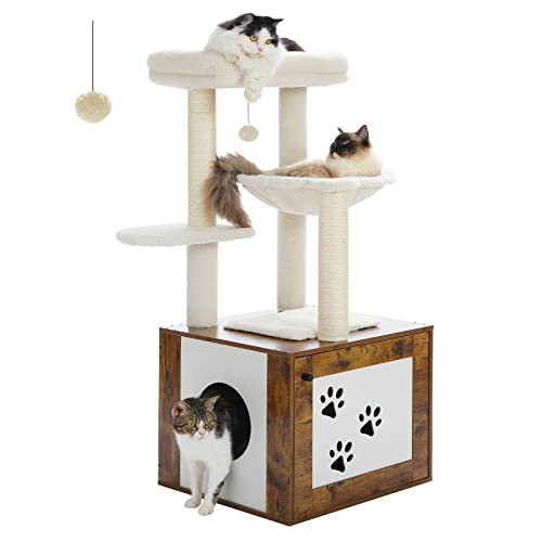 PETEPELA Cat Tree with Litter Box Enclosure, 46" Modern Cat Tower Wood with Super Large[Dia 15.7"] Hammock, Cat Condo with Cat Scratching Posts, Big Removable Top Perch & Dangling Ball, Rustic Brown
