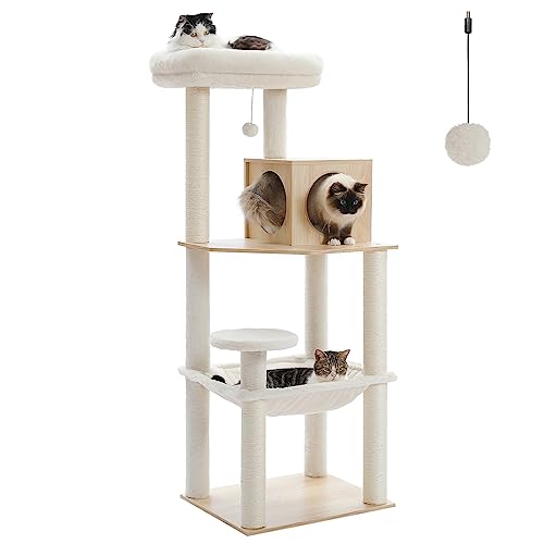 PETEPELA Wood Cat Tree for Indoor Cats Multi-Level Cat Tower with Sisal Covered Scratching Posts, Cozy Condo, Super Large Hammock and Plush Perches Faux Rabbit Milk Fur Beige