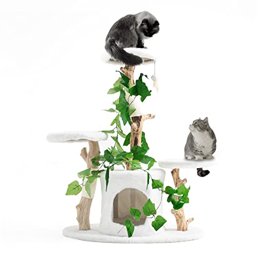 Petest Cat Tree 38 Inch Real Branch Cat Tower Wood Cat Condo for Indoor Cats Furniture Activity Center with Scratch Post for Kitten