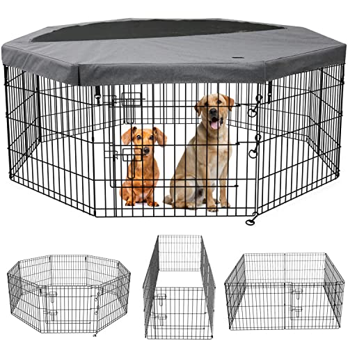 PETIME Foldable Metal Dog Exercise Pen/Pet Puppy Playpen Kennels Yard Fence Indoor/Outdoor 8 Panel 24" W x 24" H with Top Cover/Bottom Pad