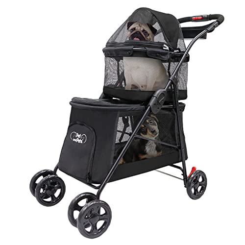 PETIQUE Double Decker Pet Stroller, Two-Level Cat and Dog Stroller, Lightweight Yet Sturdy Cat and Dog Carriage, Washable, Travel-Friendly and Easy to Fold, Sleek Black Design