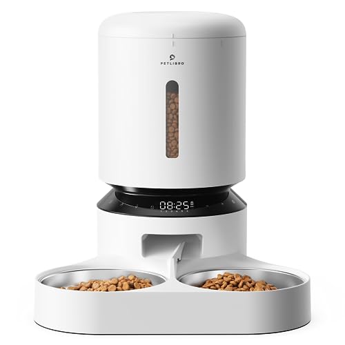 PETLIBRO Automatic Cat Feeder for Two Cats, 5L Dry Food Dispenser with Splitter and Two Stainless Bowls, 10s Meal Call and Timer Setting, 50 Portions 6 Meals Per Day for Cat and Dog White