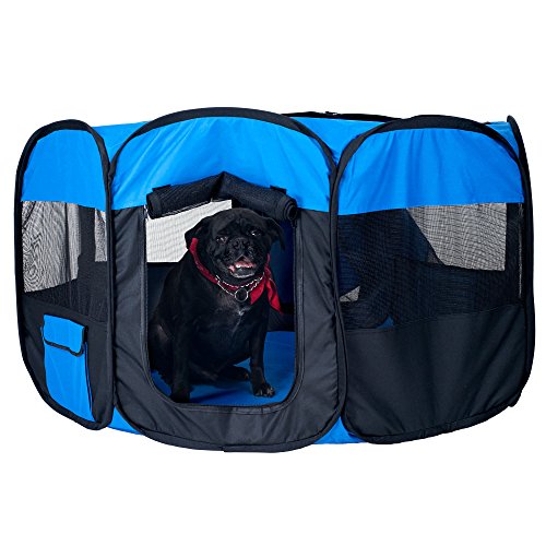 PETMAKER Pop-Up Playpen - 42” x 25” Portable Octagon Exercise Enclosure with Zipper Top for Cats, Kittens, Dogs, Puppies and Rabbits (Blue/Black)