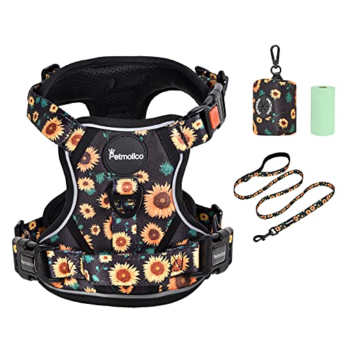 Petmolico No Pull Dog Harness Set, 2 Leash Attchment Easy Control Handle Reflective Vest Dog Harness Small Breed, Small Dogs Harness and Leash Set with Poop Bag Holder, Small Sunflower