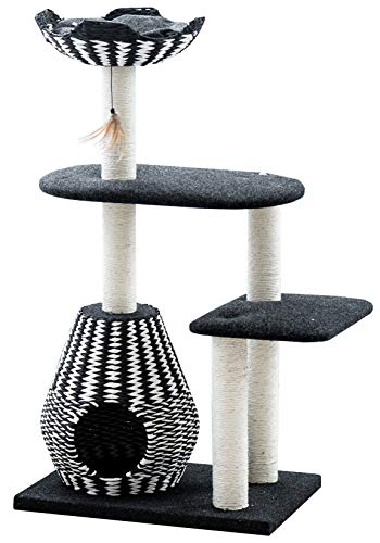 PetPals Cat Tree Royal 3 Level Jet Black and Porcelain White Cat Tree with Toy (Without Cat Self Groomer)